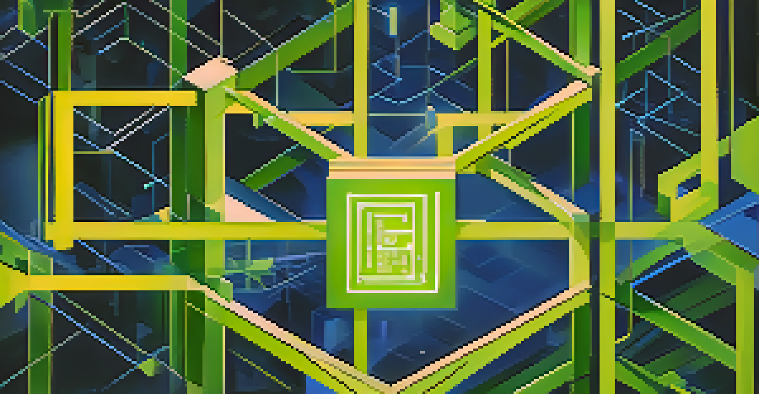Abstract representation of blockchain technology with interconnected glowing blocks and symbols, set against a deep blue background.