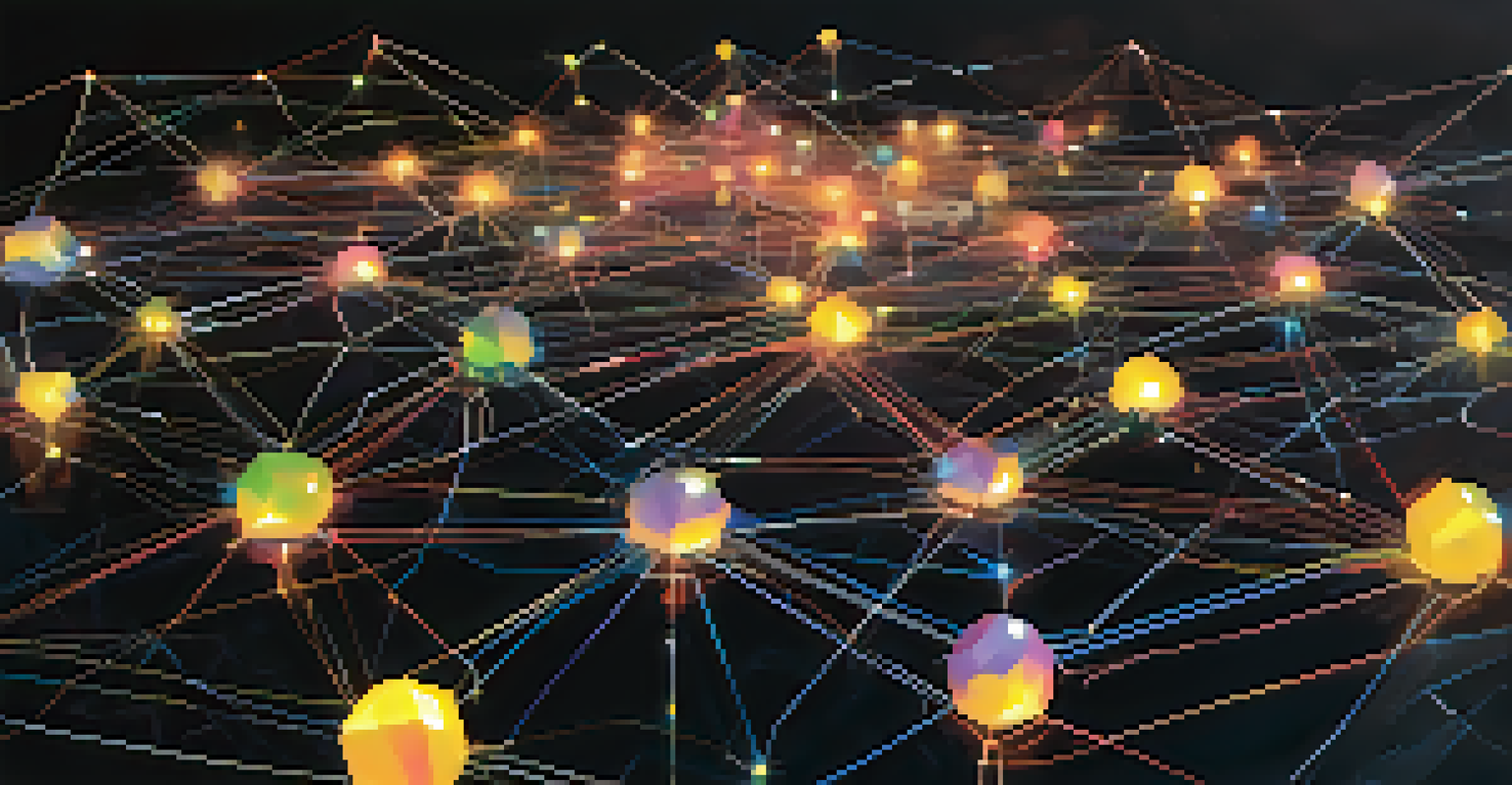 A graphic representation of decentralized security with interconnected nodes and symbols like locks and shields against a dark background.