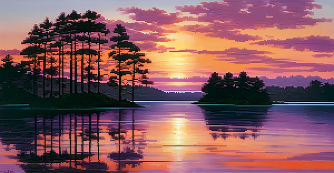 A beautiful sunset over a calm lake with colorful sky reflections and silhouettes of trees.