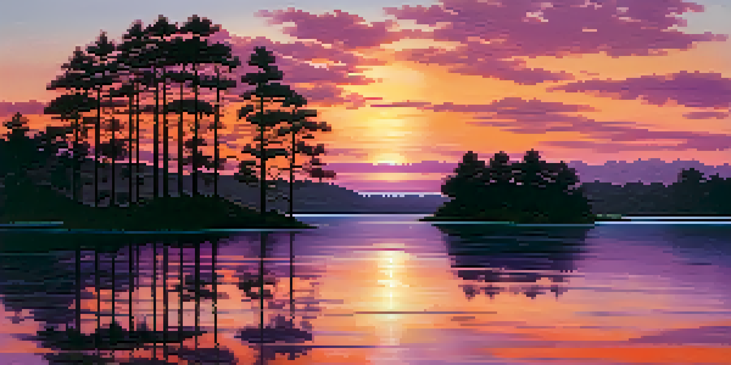 A beautiful sunset over a calm lake with colorful sky reflections and silhouettes of trees.