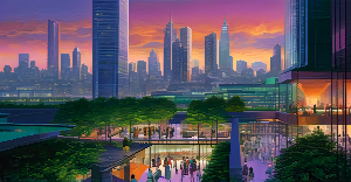 A futuristic cityscape at dusk, highlighting modern buildings and lush green spaces, with people engaging in communal areas.