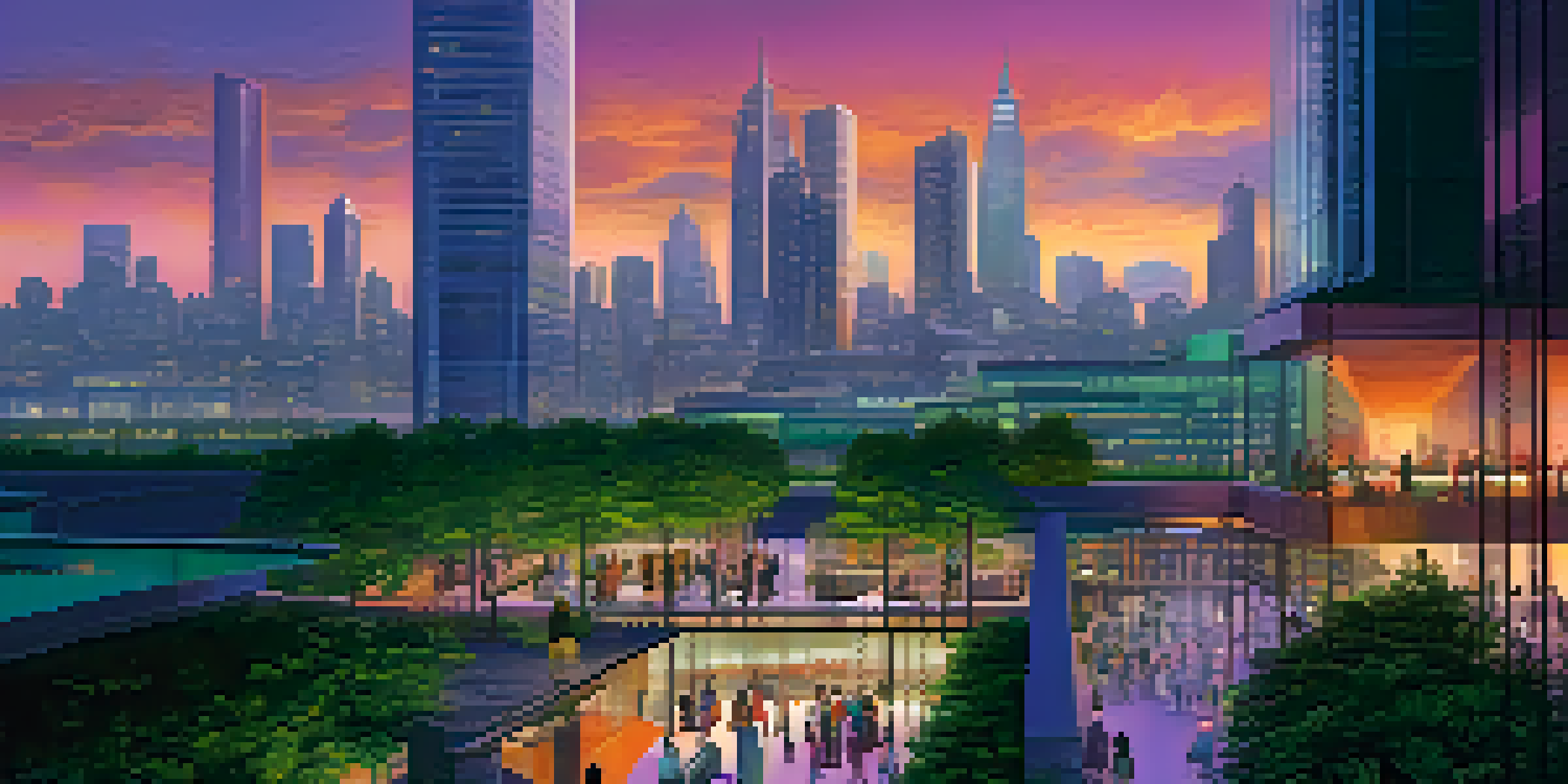A futuristic cityscape at dusk, highlighting modern buildings and lush green spaces, with people engaging in communal areas.