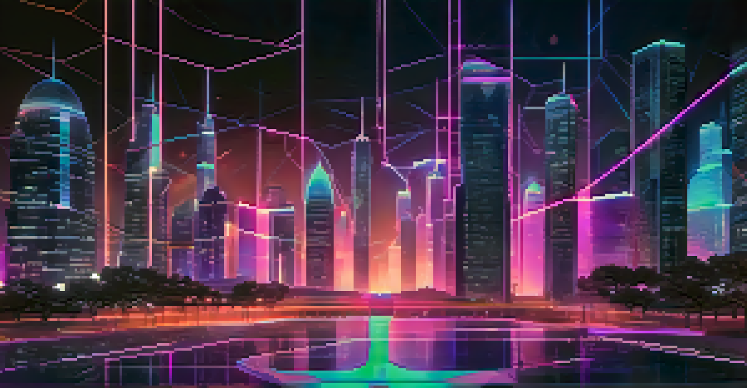 A modern city skyline at night featuring futuristic buildings with neon lights and a digital overlay of blockchain symbols and graphs in the sky.