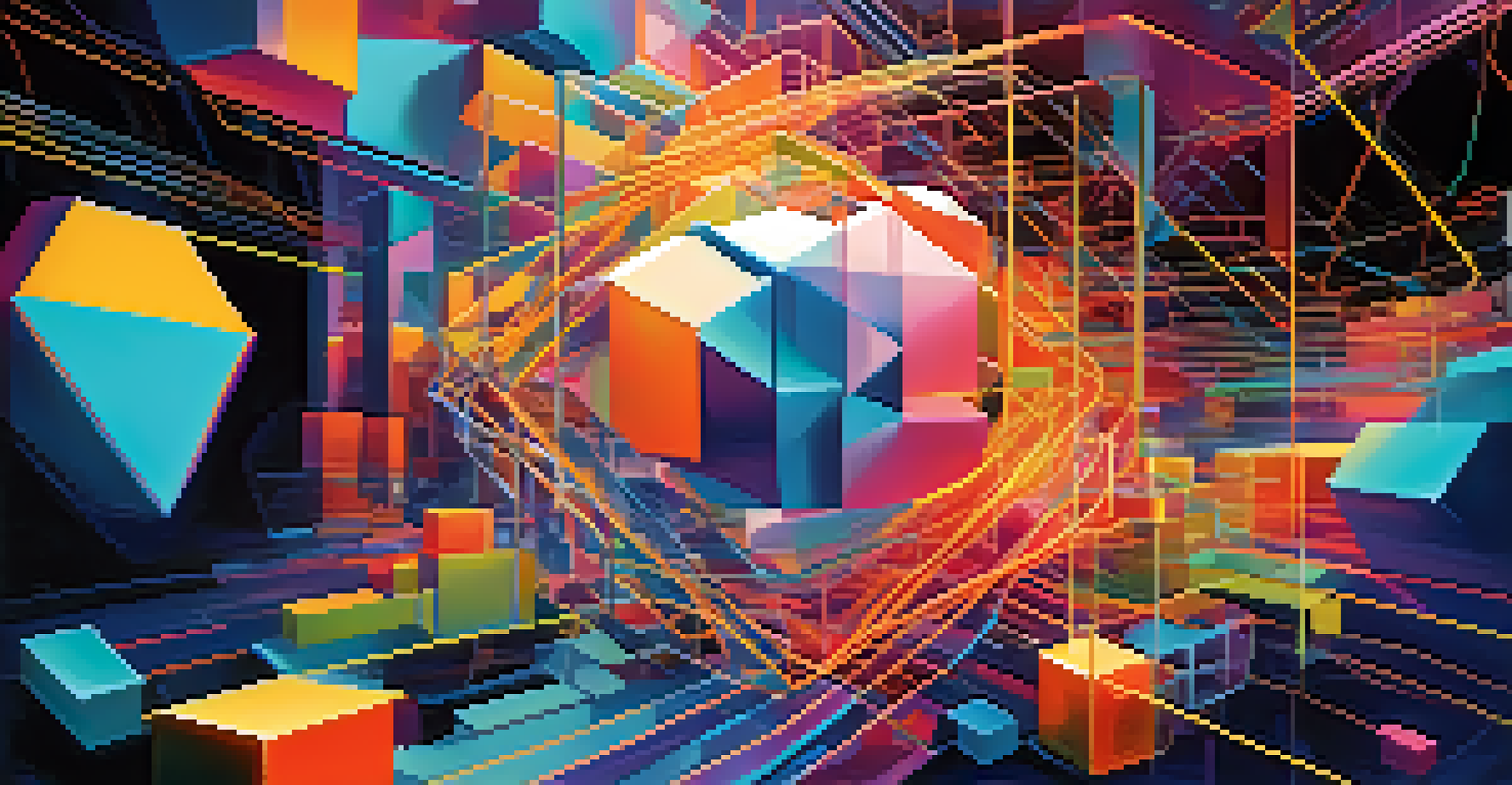 An abstract image representing blockchain technology with artistic elements, featuring geometric shapes and bright colors.