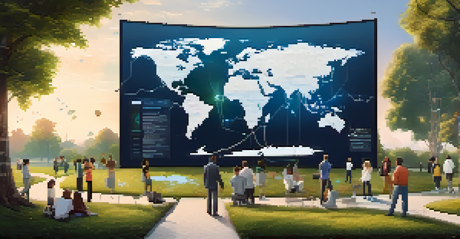 A peaceful park scene with diverse individuals collaborating around a digital screen showing a world map of blockchain networks, surrounded by trees and flowers.