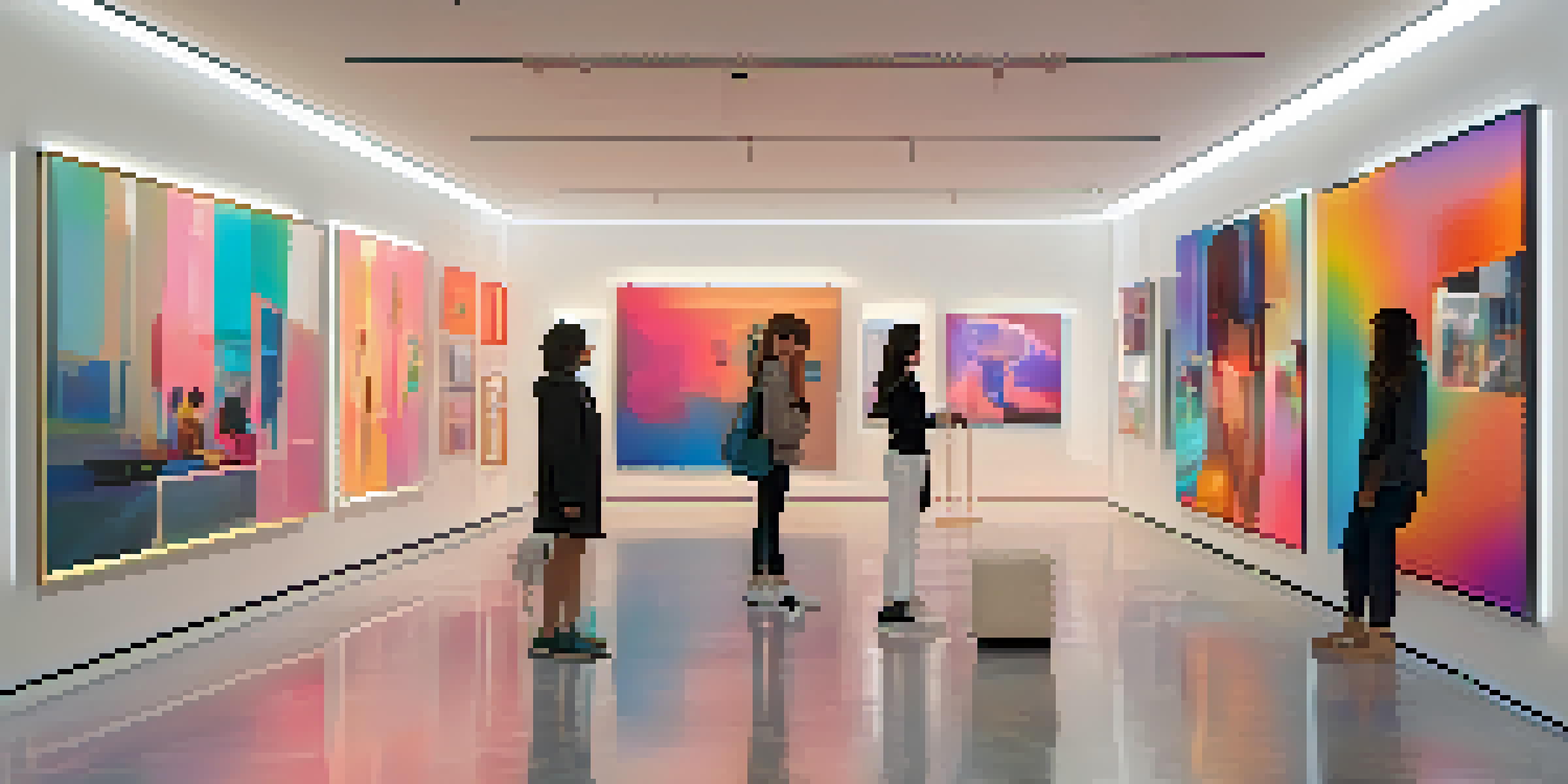 A modern digital art gallery filled with various NFTs being admired by diverse visitors under bright ambient lighting.