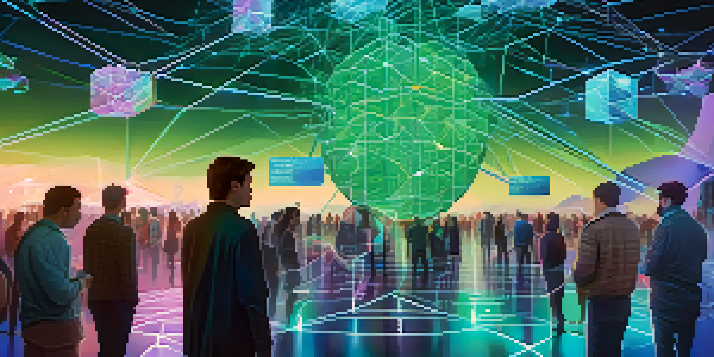 A digital landscape with people using holographic identity cards connected by a glowing blockchain network.