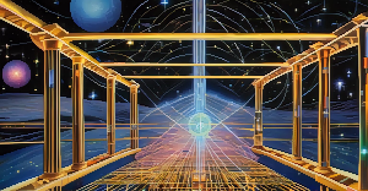 An abstract image of a glowing bridge connecting blockchain networks, surrounded by data streams and cosmic elements.