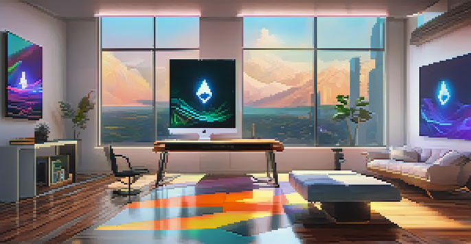 A modern digital art studio with bright colors, featuring a glowing computer screen and abstract art, illuminated by natural light.