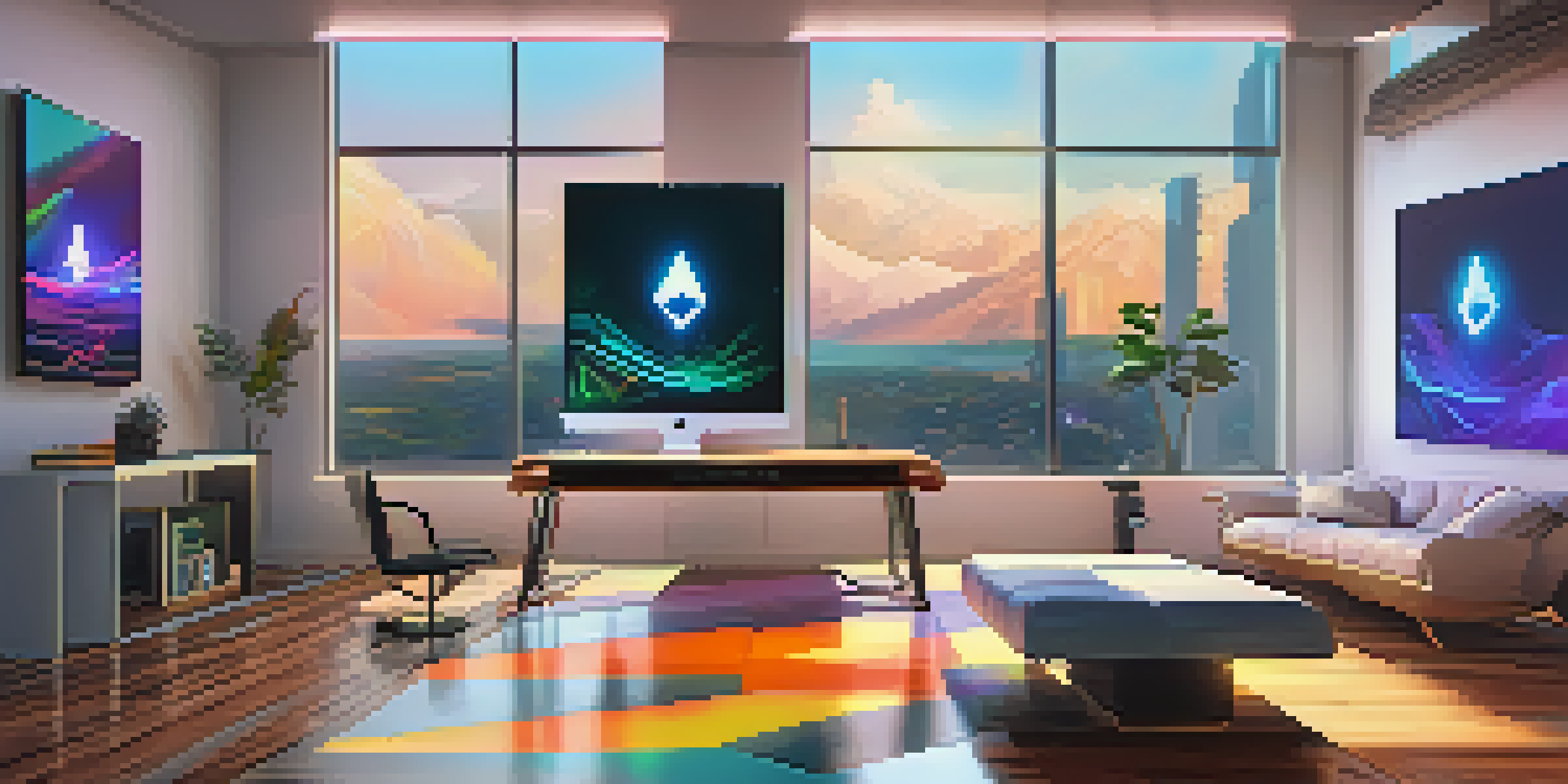 A modern digital art studio with bright colors, featuring a glowing computer screen and abstract art, illuminated by natural light.