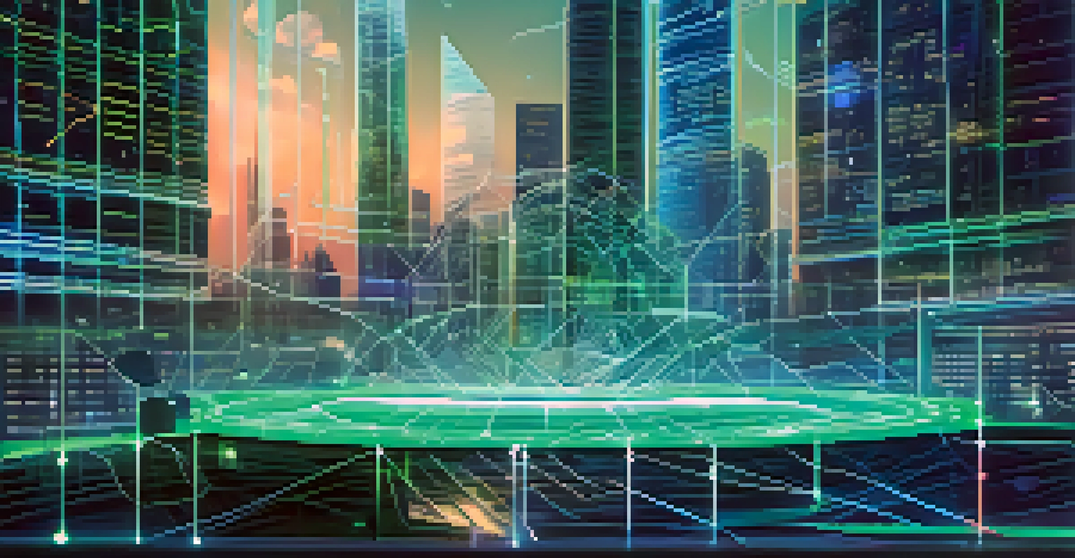 A glowing digital document representing a smart contract, surrounded by code and a futuristic city skyline.