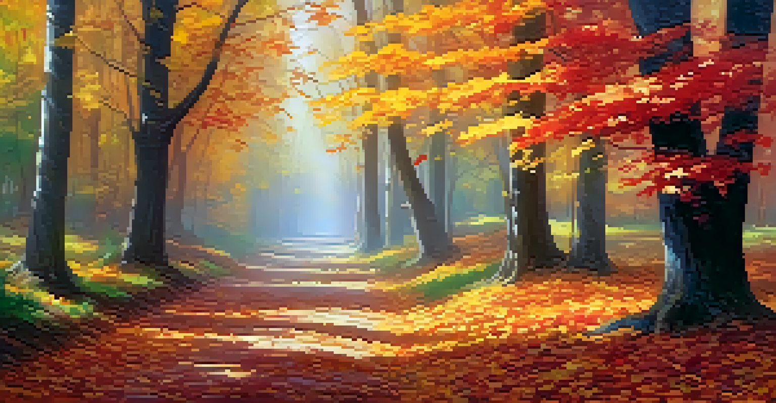 An autumn forest path covered in colorful leaves with sunlight filtering through the trees.