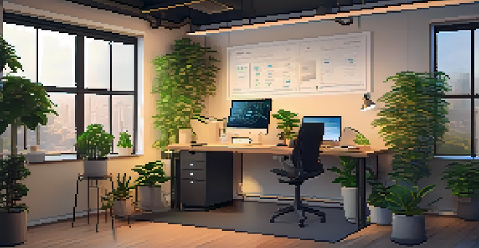 A modern office with a desk, dual monitors showing code, plants, and technical diagrams on the walls, illuminated by warm lighting.
