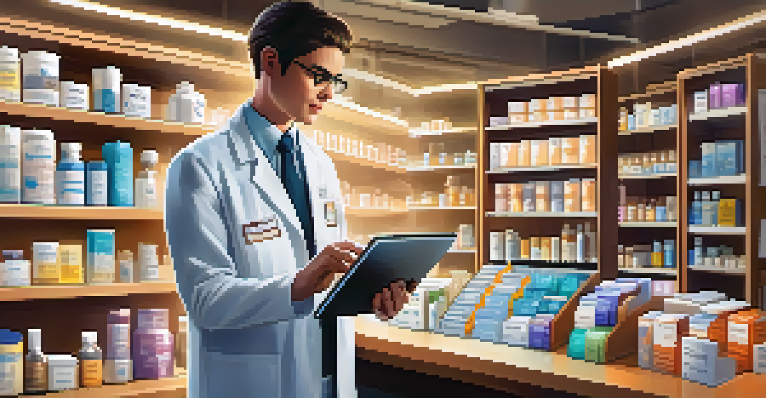 A pharmacist scanning a medicine package with a tablet, emphasizing a blockchain verification process in a well-stocked pharmacy.
