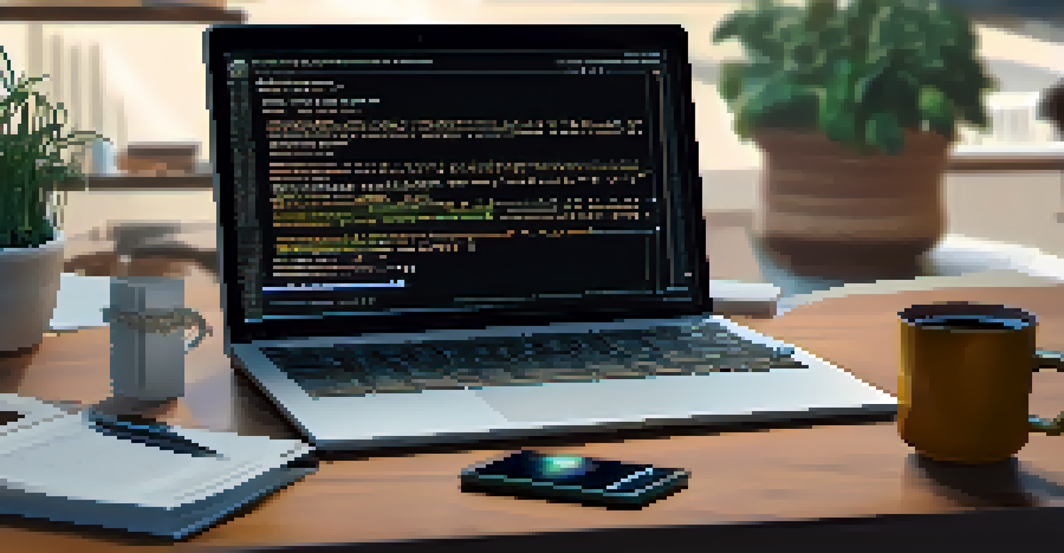 A close-up of a computer screen displaying smart contract code with a programmer's hands typing at a cozy workspace.