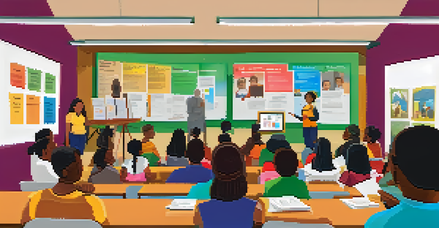 A facilitator presenting in a bright community center to an attentive audience, with posters about community governance on the walls.