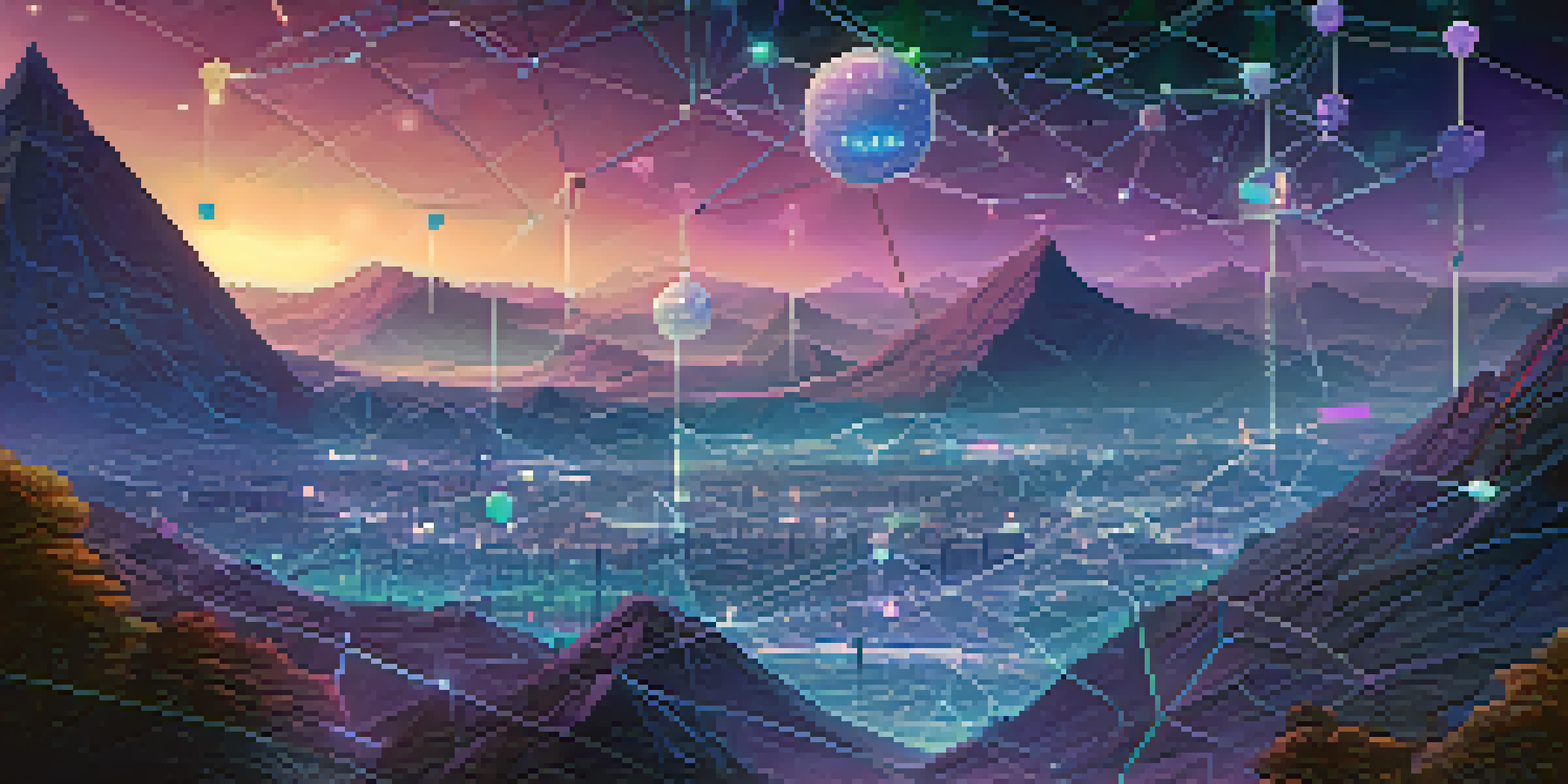A colorful digital landscape depicting a futuristic Ethereum network with glowing blockchain nodes and a starry sky.