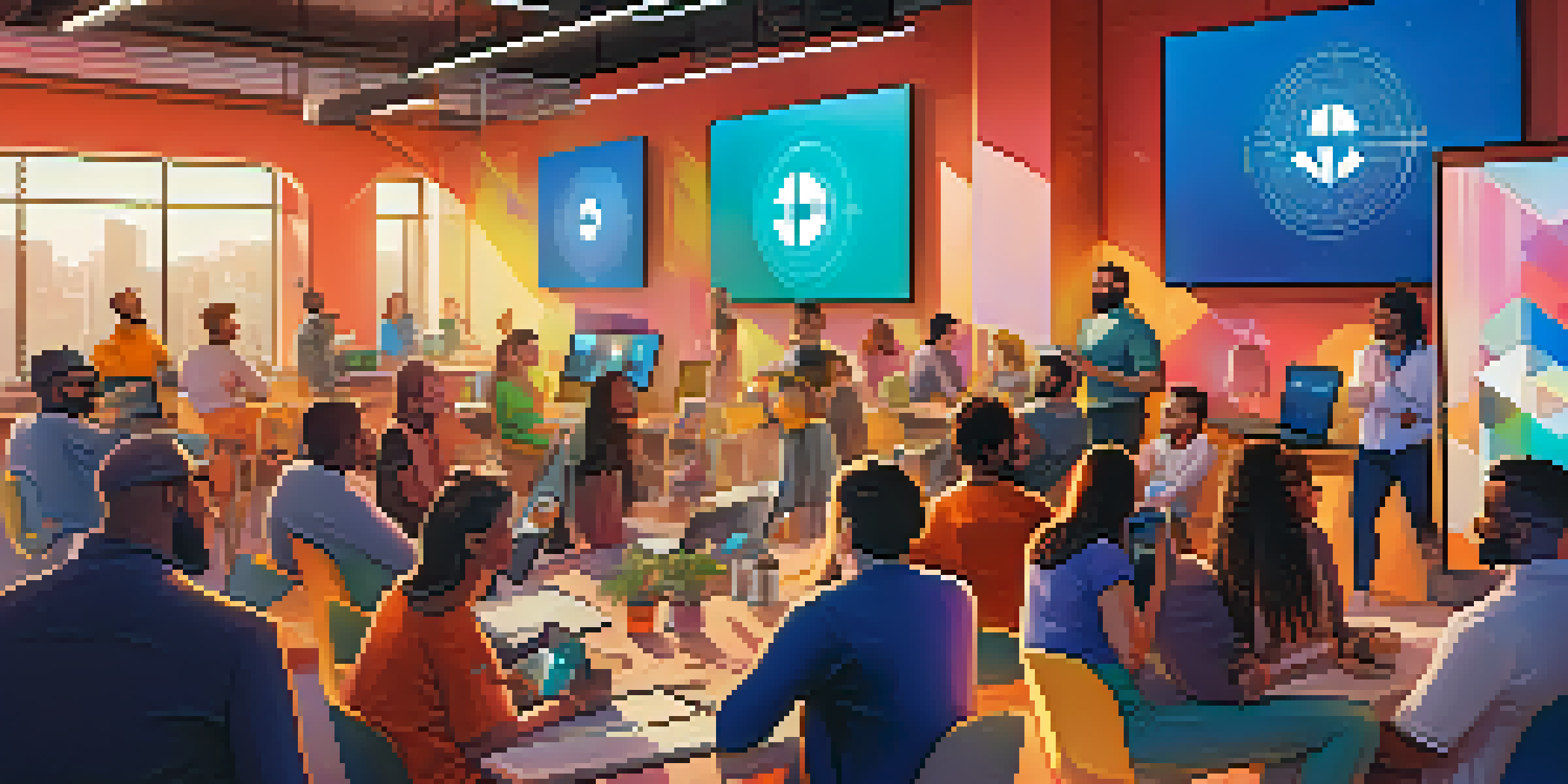 A diverse group of people in a bright co-working space discussing blockchain technology, with Ethereum logos on the wall and sunlight streaming in through the windows.