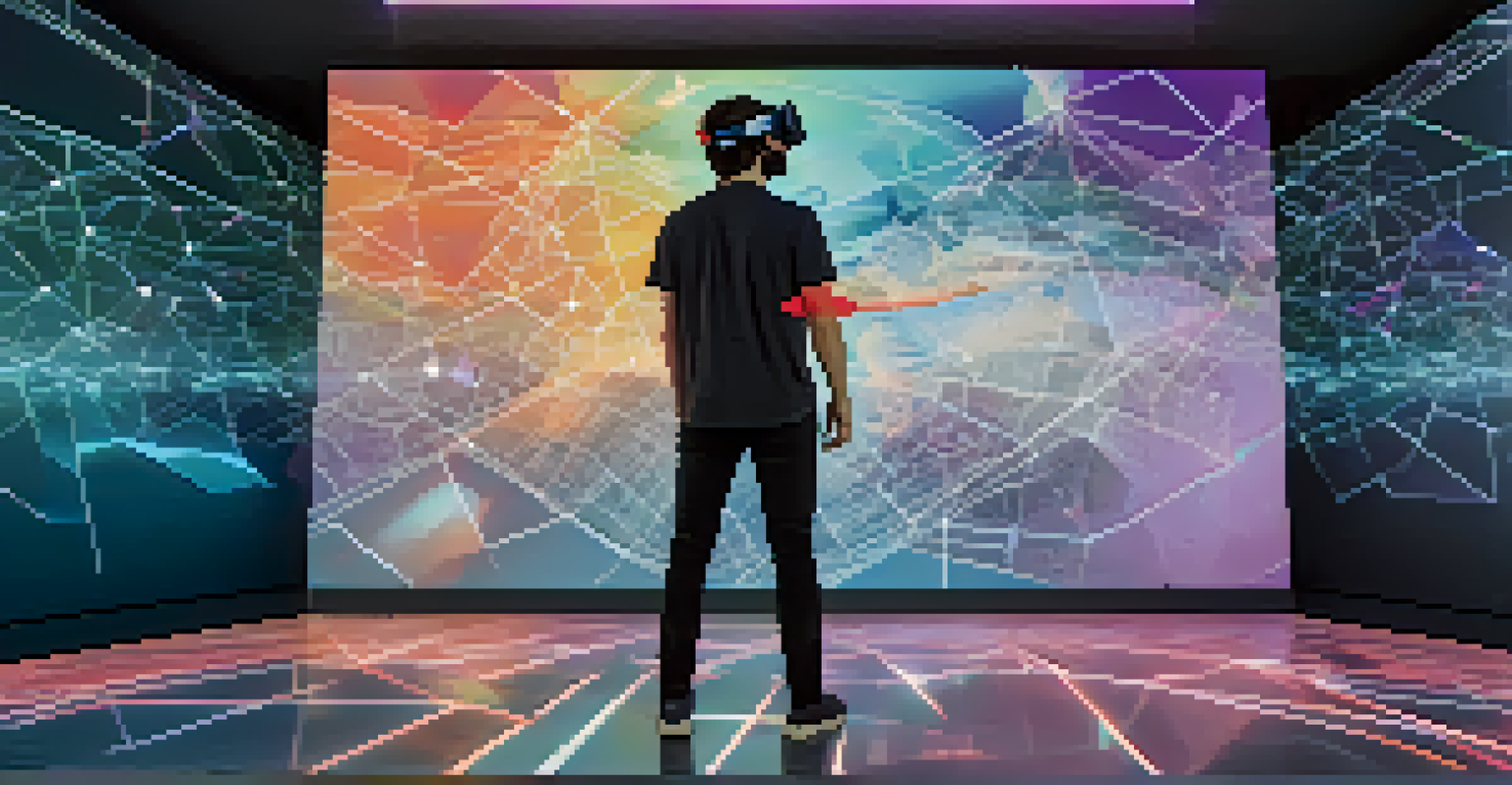 A person using a VR headset in a digital environment, viewing a holographic map.