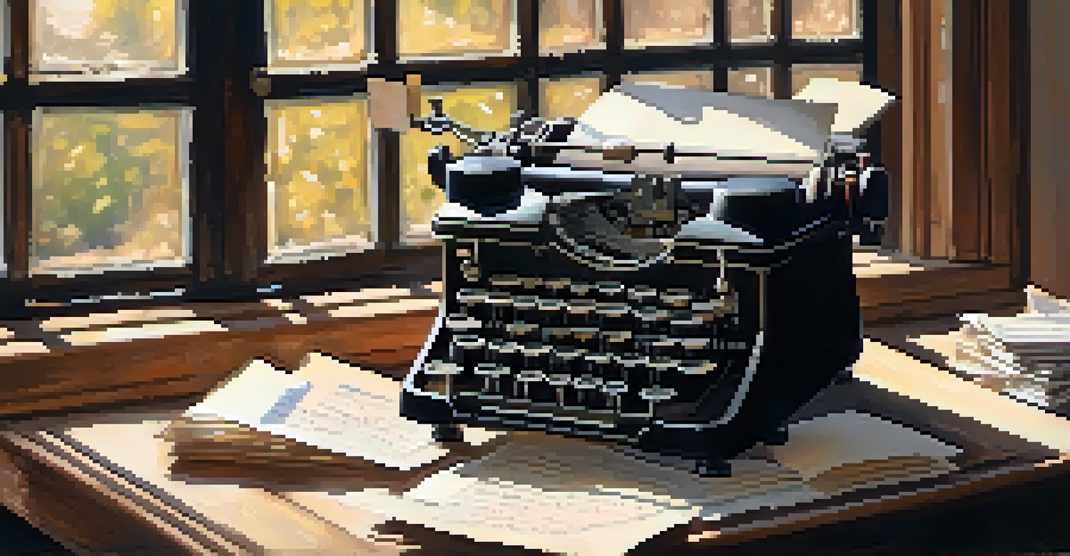 A vintage typewriter with a blank page and scattered handwritten notes, bathed in warm sunlight.