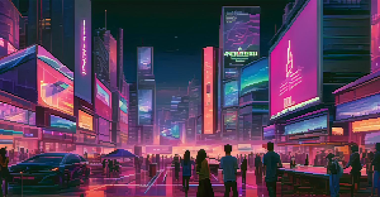 A futuristic city skyline at dusk with digital billboards showcasing NFT art and people interacting with devices.