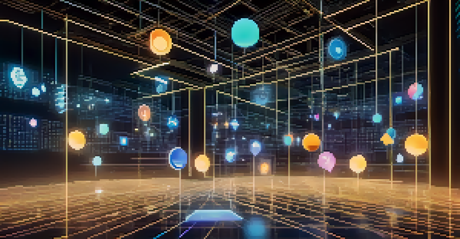 A 3D abstract visualization of different dApps connected by light beams in a digital matrix, representing innovation and collaboration in blockchain technology.