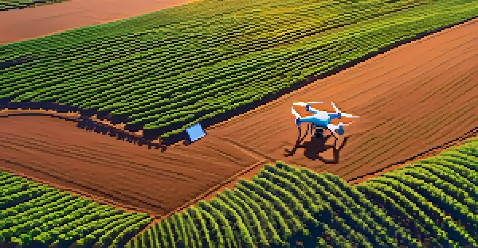 A digital farm with colorful crops under a blue sky. A farmer uses a tablet while drones survey the fields.