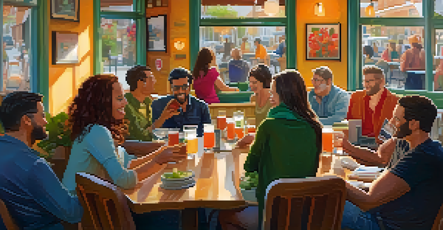 A lively café scene with authors and readers discussing digital publishing, surrounded by colorful art and a warm atmosphere.