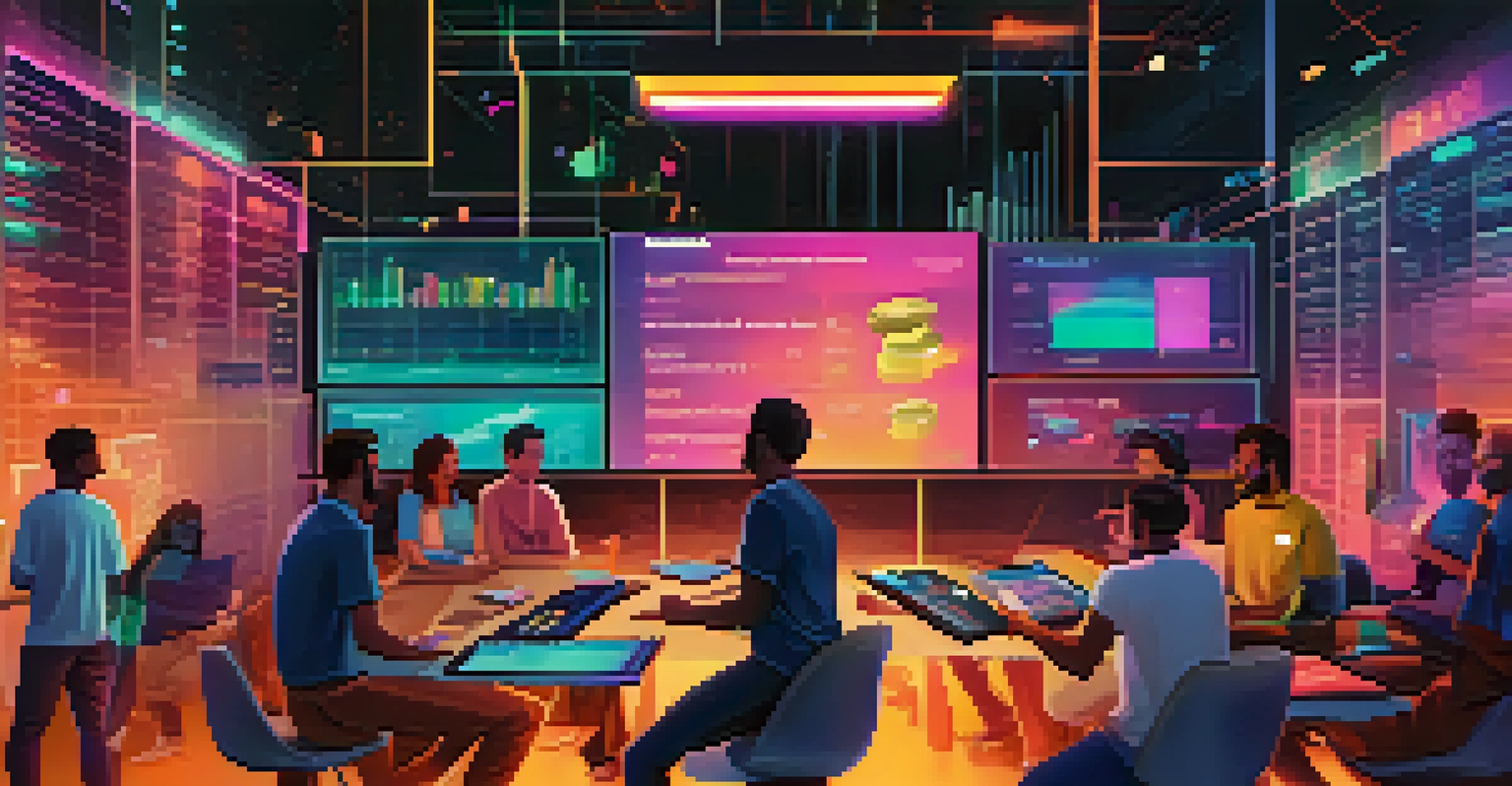 A group of people actively participating in decentralized finance, surrounded by digital financial data and colorful graphs.