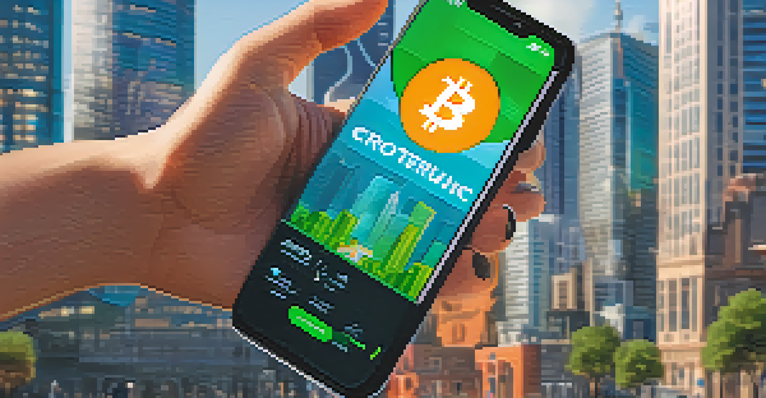 A hand holding a smartphone with a cryptocurrency wallet app showing eco-friendly symbols and graphs, set against a blurred city skyline.