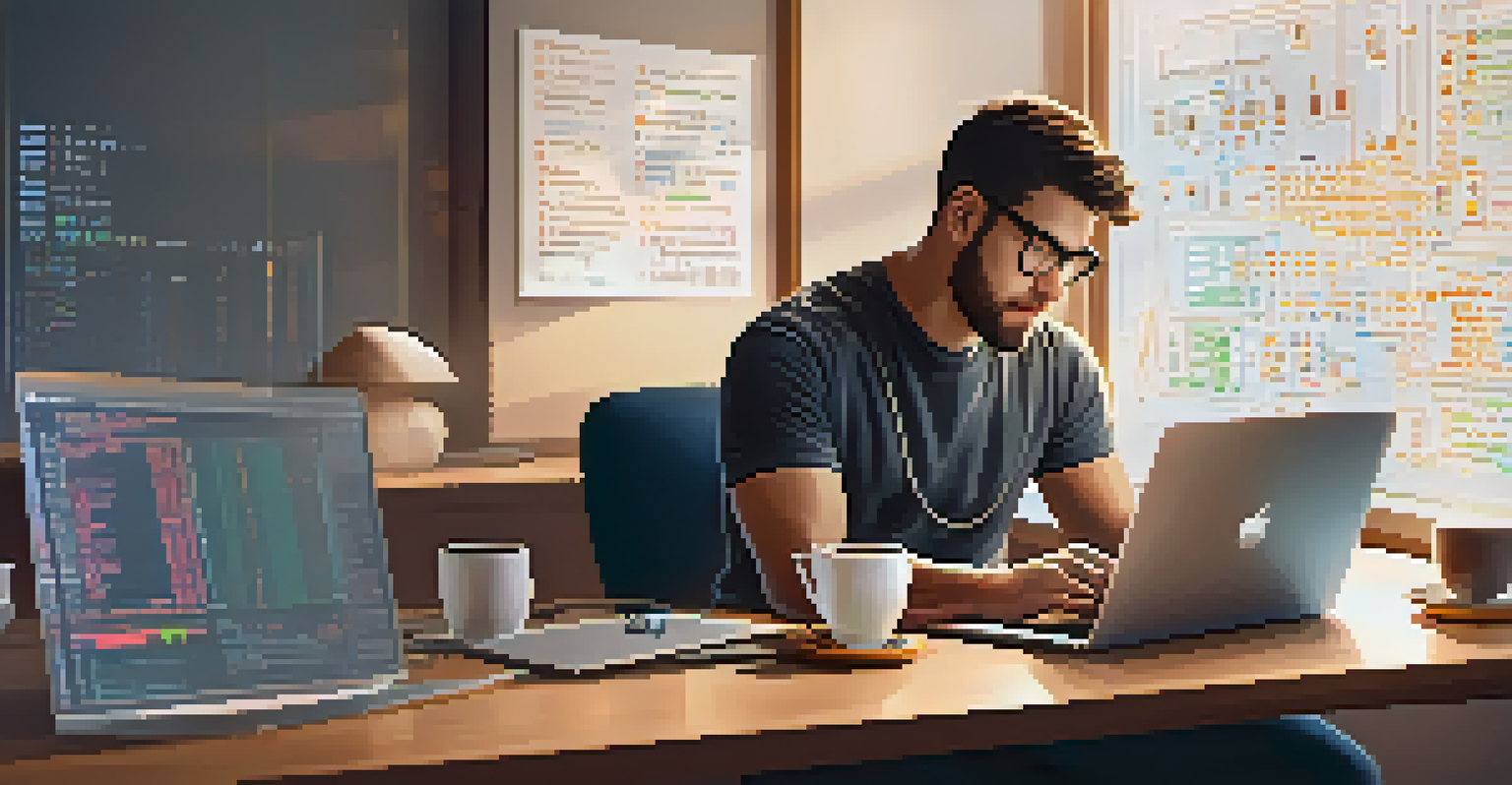 A developer at a laptop, working on blockchain code, with diagrams and a coffee cup in a cozy, well-lit workspace.