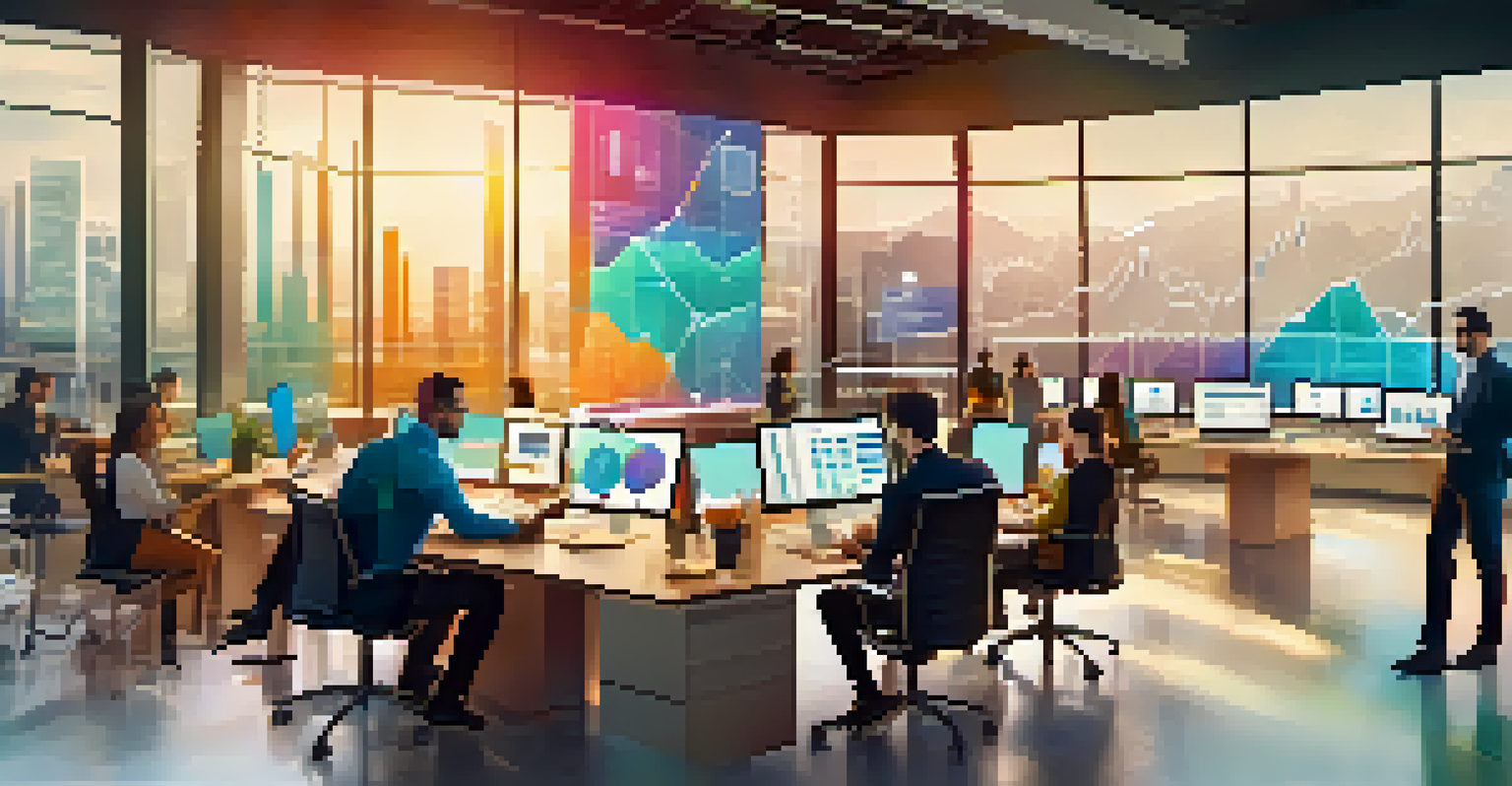 A diverse team of professionals collaborating in a modern office, discussing data analytics related to digital twins with digital devices at the table.