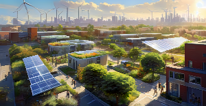 A futuristic city with solar panels, wind turbines, and green spaces, depicting a decentralized energy grid and community engagement.