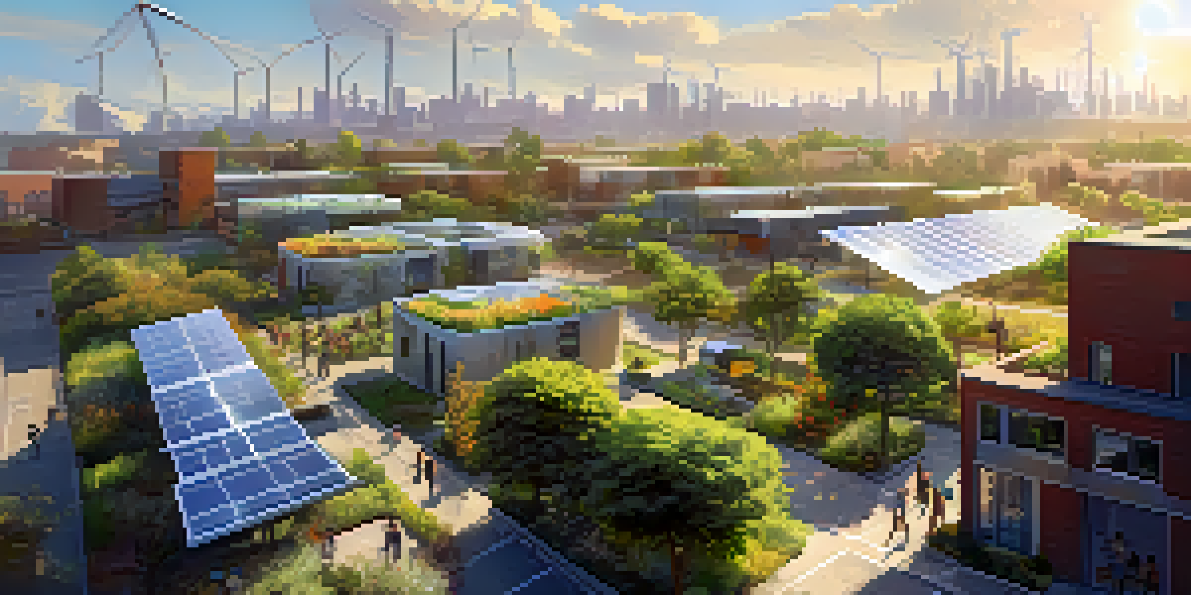 A futuristic city with solar panels, wind turbines, and green spaces, depicting a decentralized energy grid and community engagement.