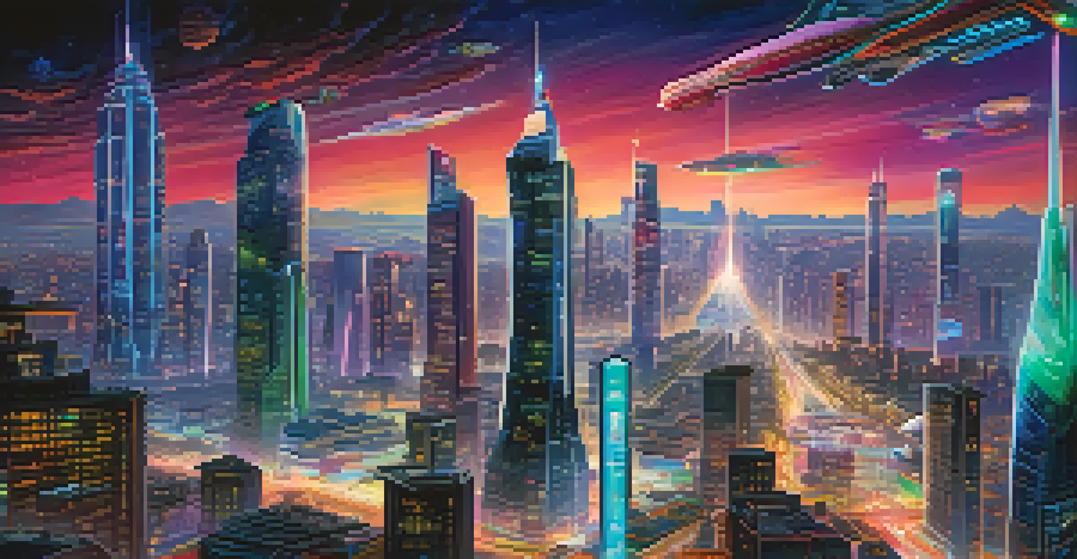 A vibrant futuristic city skyline at night with neon lights and flying cars.