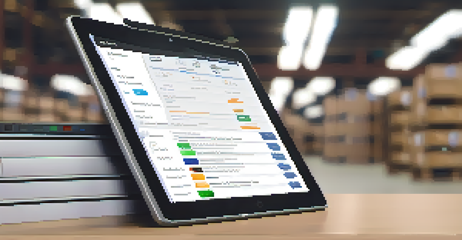 A close-up of a tablet displaying a smart contract in a warehouse setting, highlighting automation in supply chain management.
