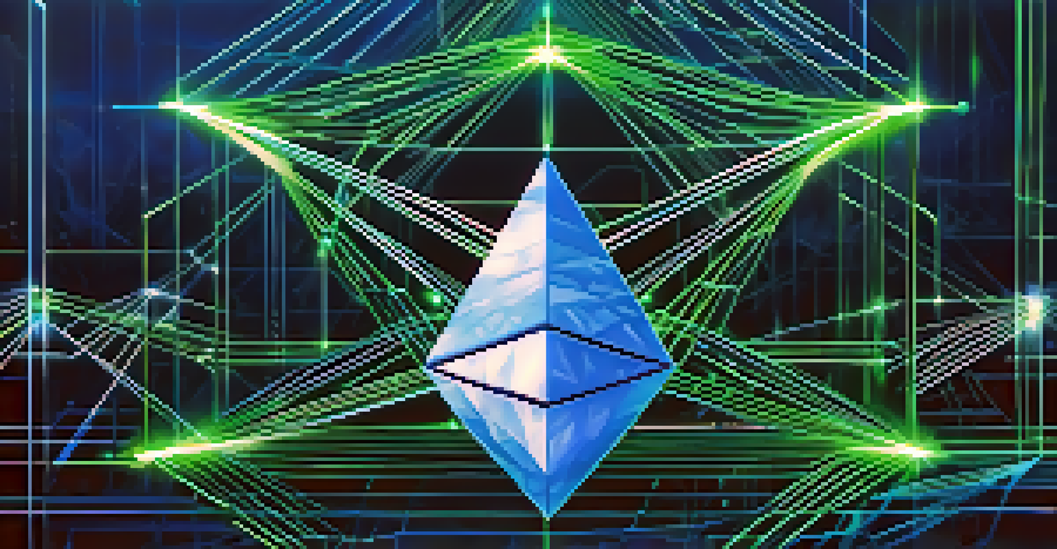 An abstract design depicting interconnected blockchain nodes and pathways in blue and green colors, representing Ethereum 2.0.