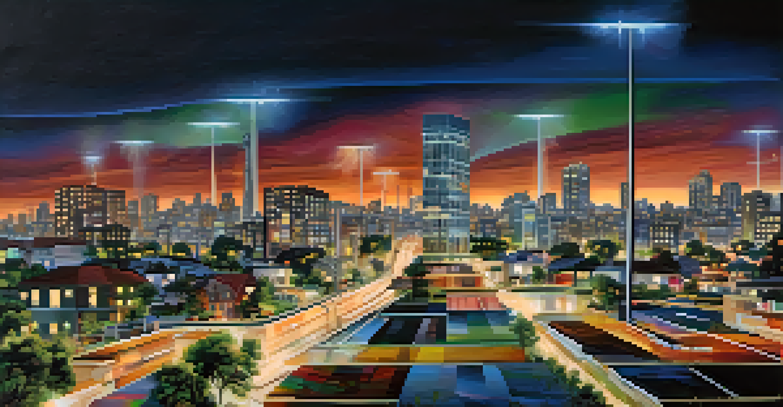 A split image contrasting a bustling city with bright lights and a calm neighborhood with energy-efficient homes.