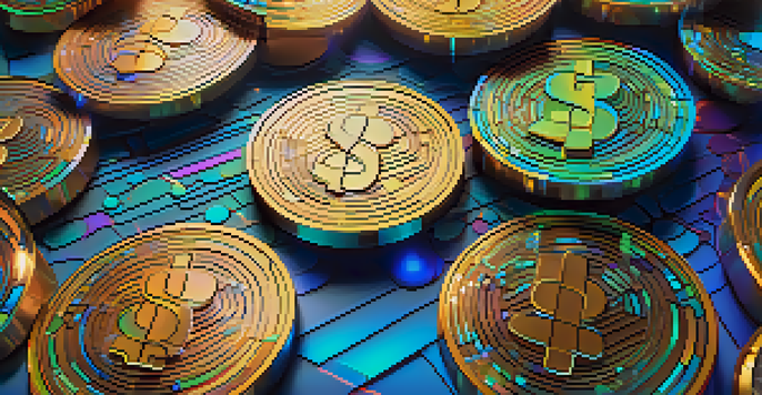 A close-up of colorful, glowing coins representing social tokens in a virtual space with abstract digital patterns in the background.