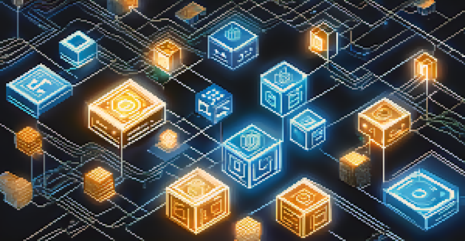 An artistic depiction of blockchain technology with glowing interconnected digital blocks representing various cryptocurrencies, set against a deep blue gradient background.