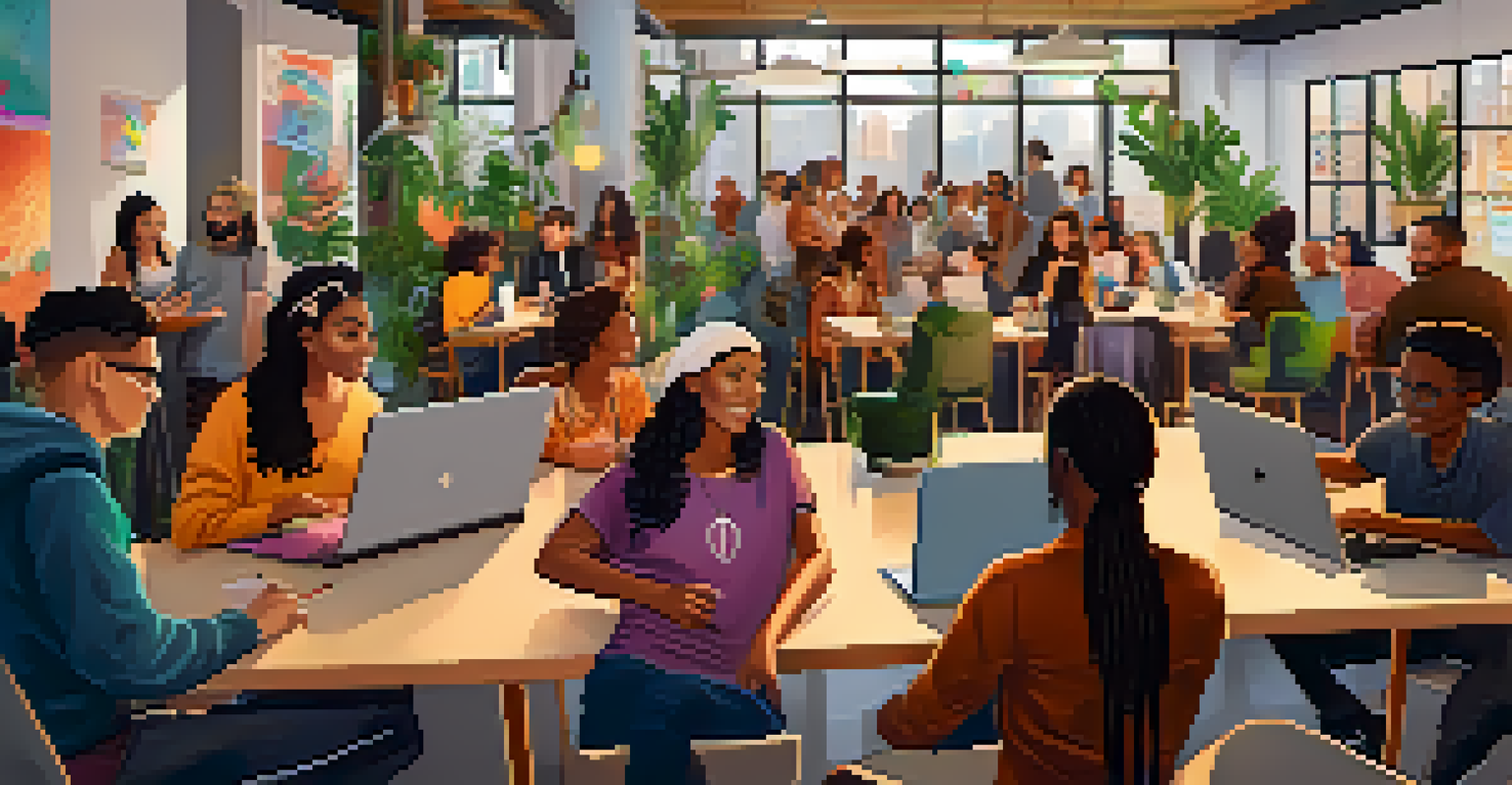A diverse group of individuals engaged in discussions about smart contracts in a modern co-working space, surrounded by plants and colorful decor.