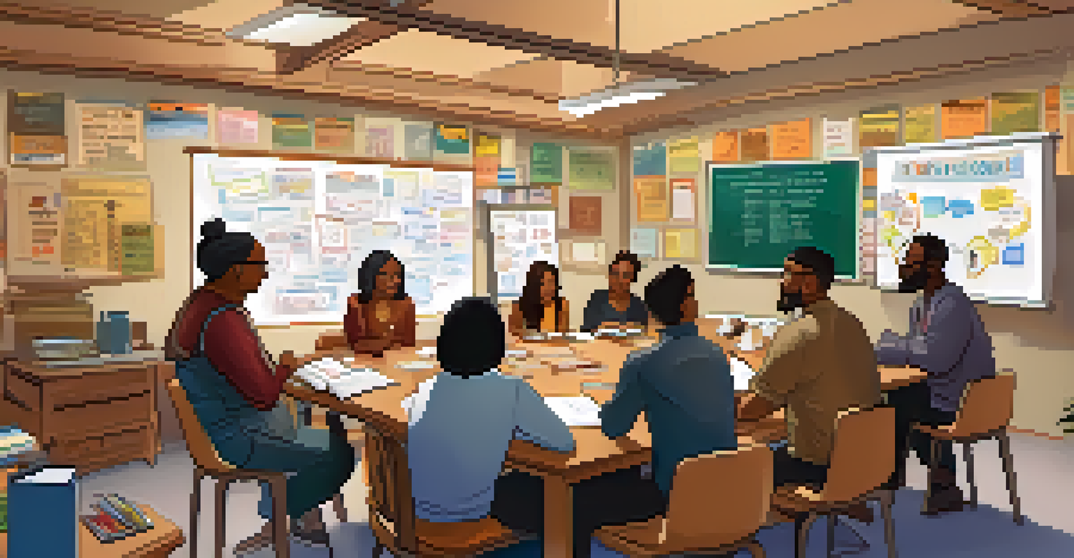 A community workshop with adults discussing financial literacy around a table filled with books and laptops.
