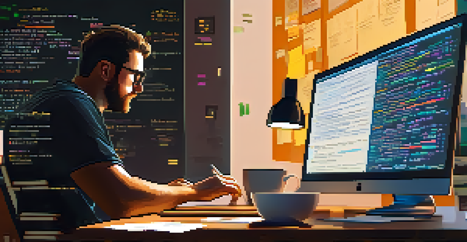 A developer engaged in coding smart contracts on a laptop, with coffee and sticky notes around, illuminated by warm lighting.