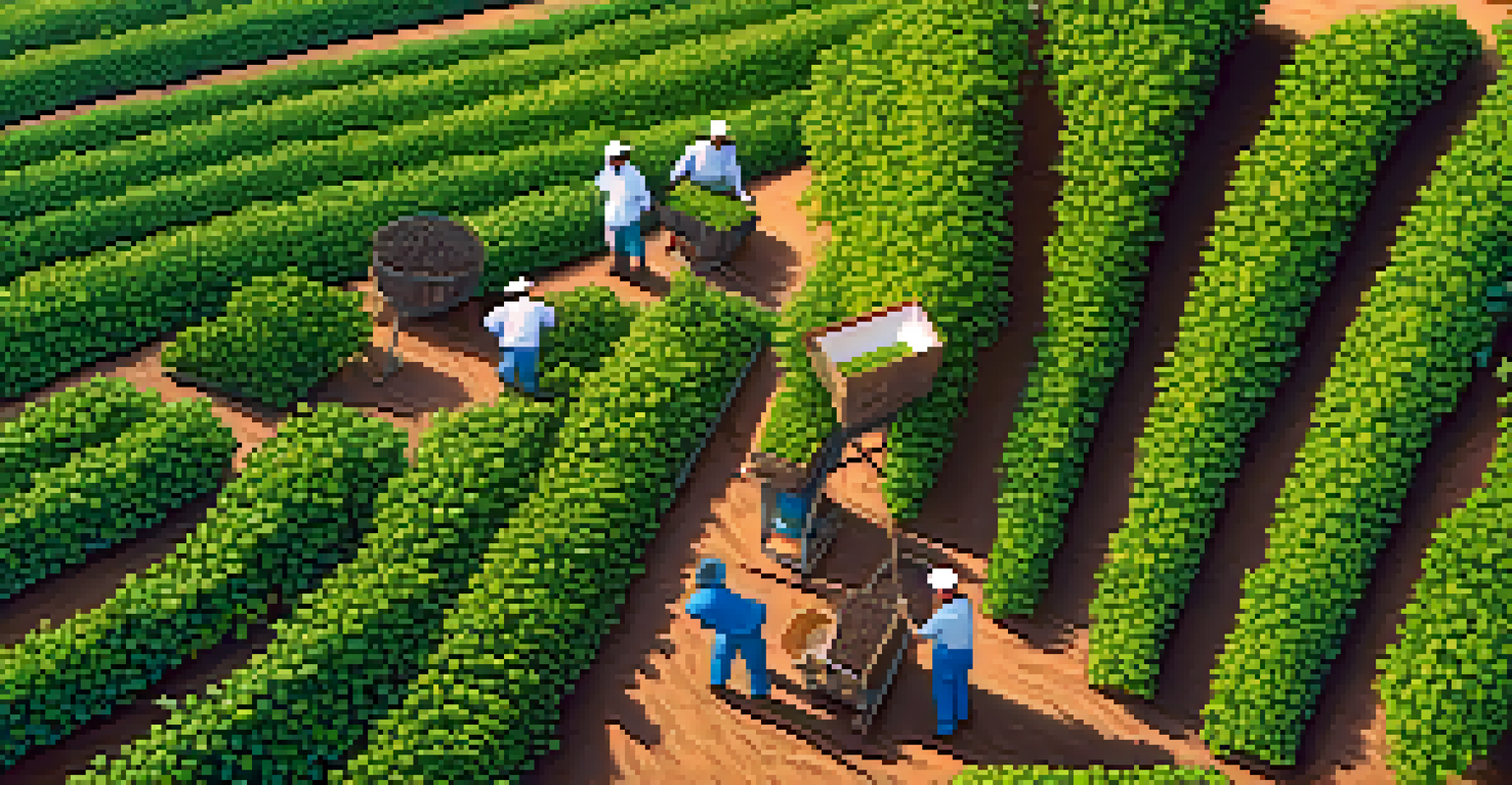 A sustainable coffee farm with workers harvesting beans, featuring a smartphone showing a QR code for supply chain information.