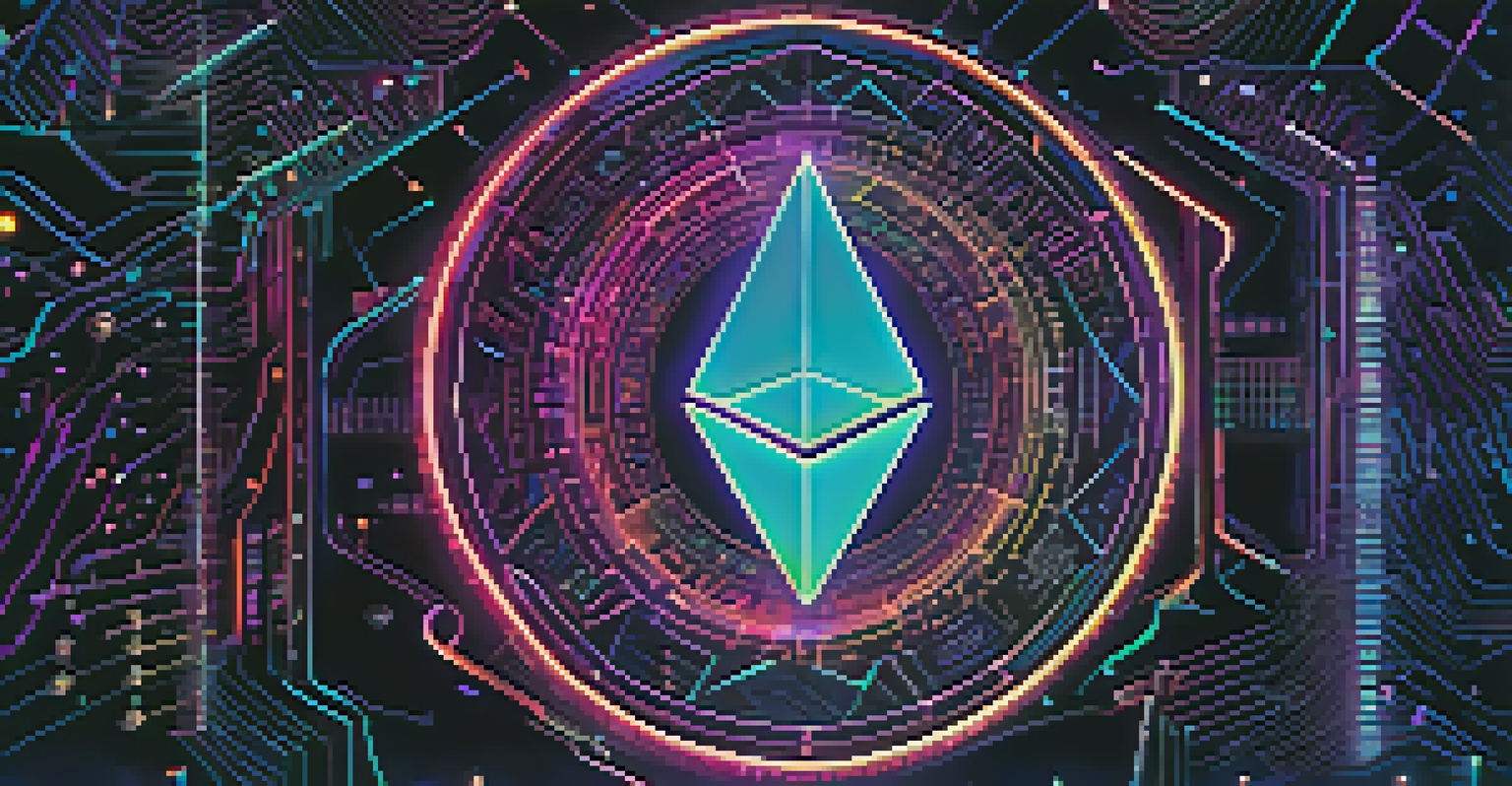 A glowing Ethereum logo surrounded by swirling digital patterns and binary code in a dark, neon-colored background.