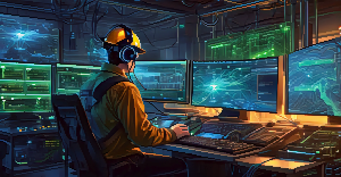A miner in a high-tech environment, surrounded by mining rigs and glowing screens, focused on a computer.