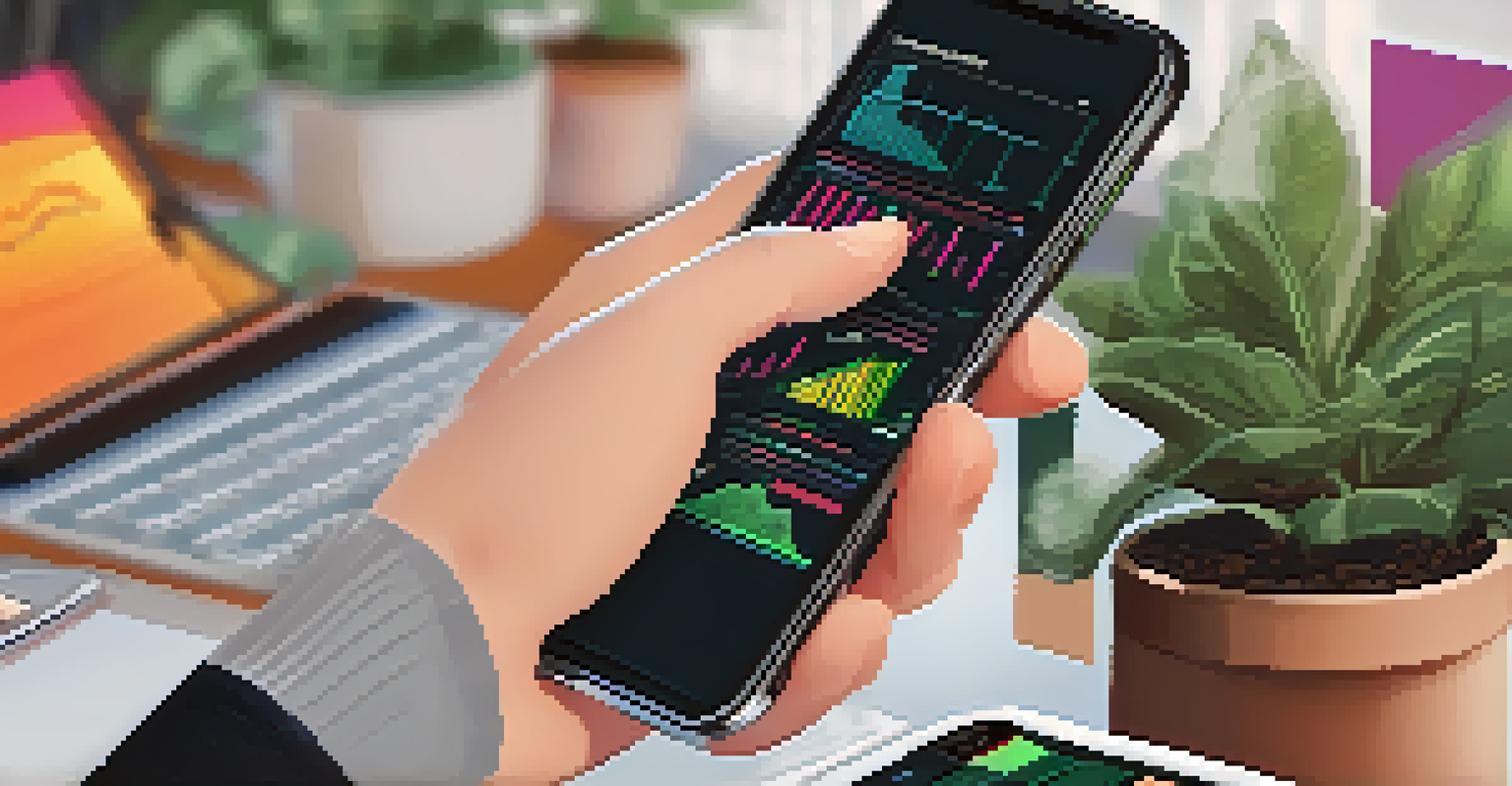 A close-up of hands using a smartphone to access a decentralized exchange, with colorful graphs on the screen in a cozy workspace.