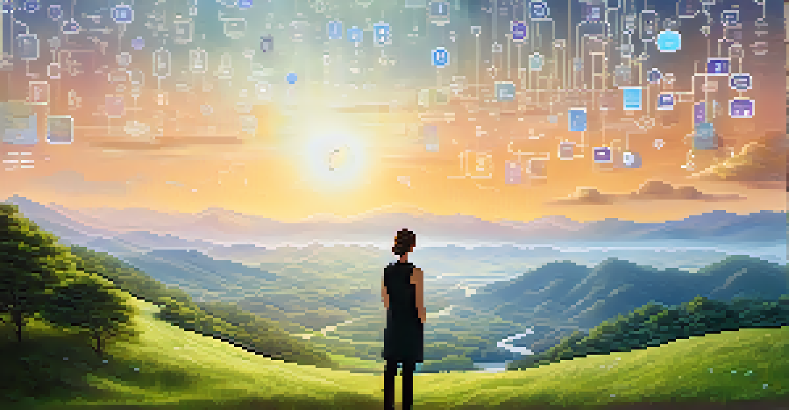 A person overlooking a valley with floating data icons, representing data ownership and empowerment.