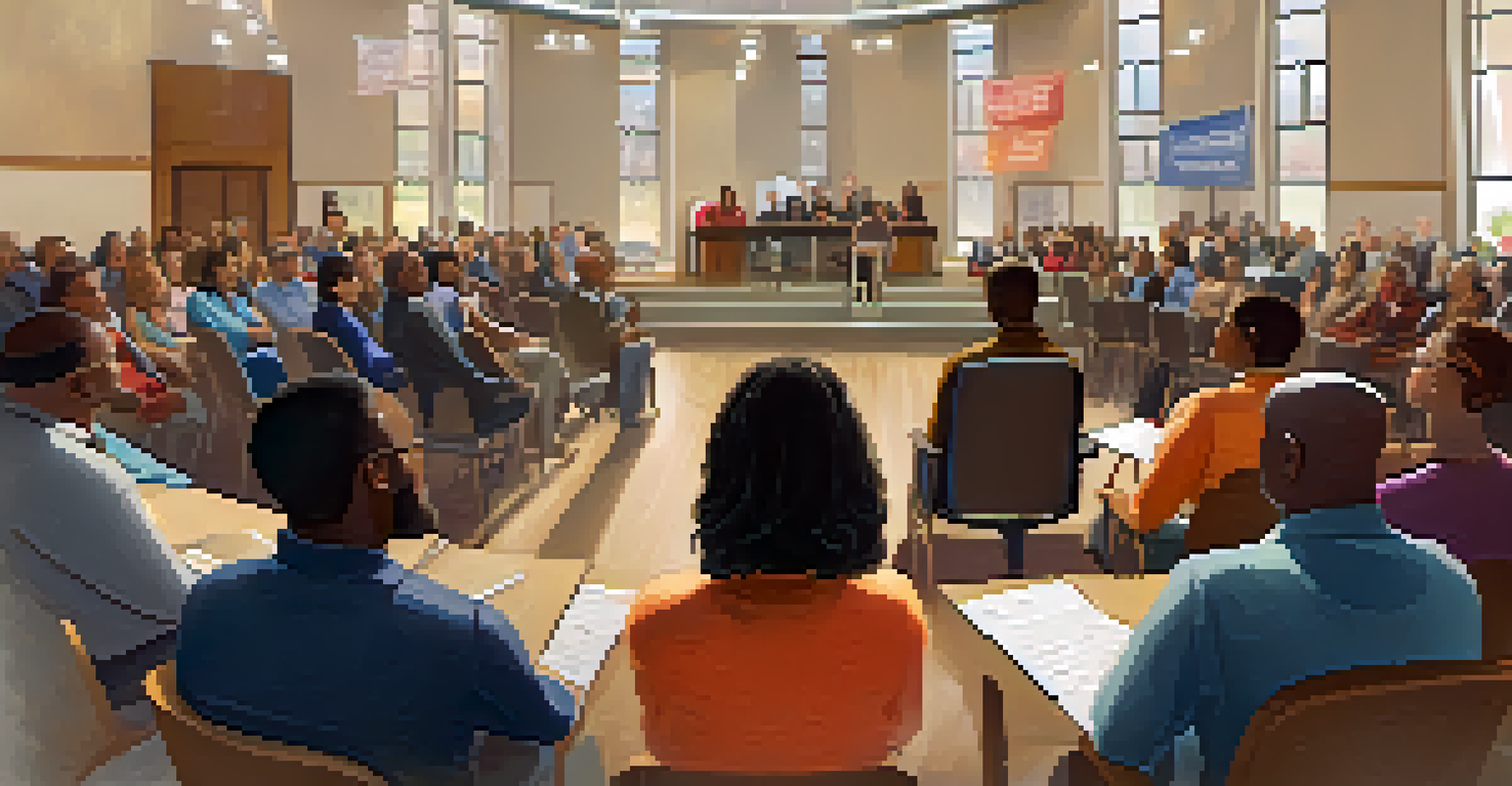 A diverse group of people at a town hall meeting, engaging with a speaker in a warm, inviting room.
