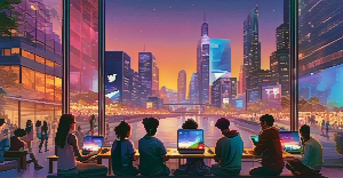 A colorful cityscape at dusk with people using devices, showcasing a sense of community and technology.